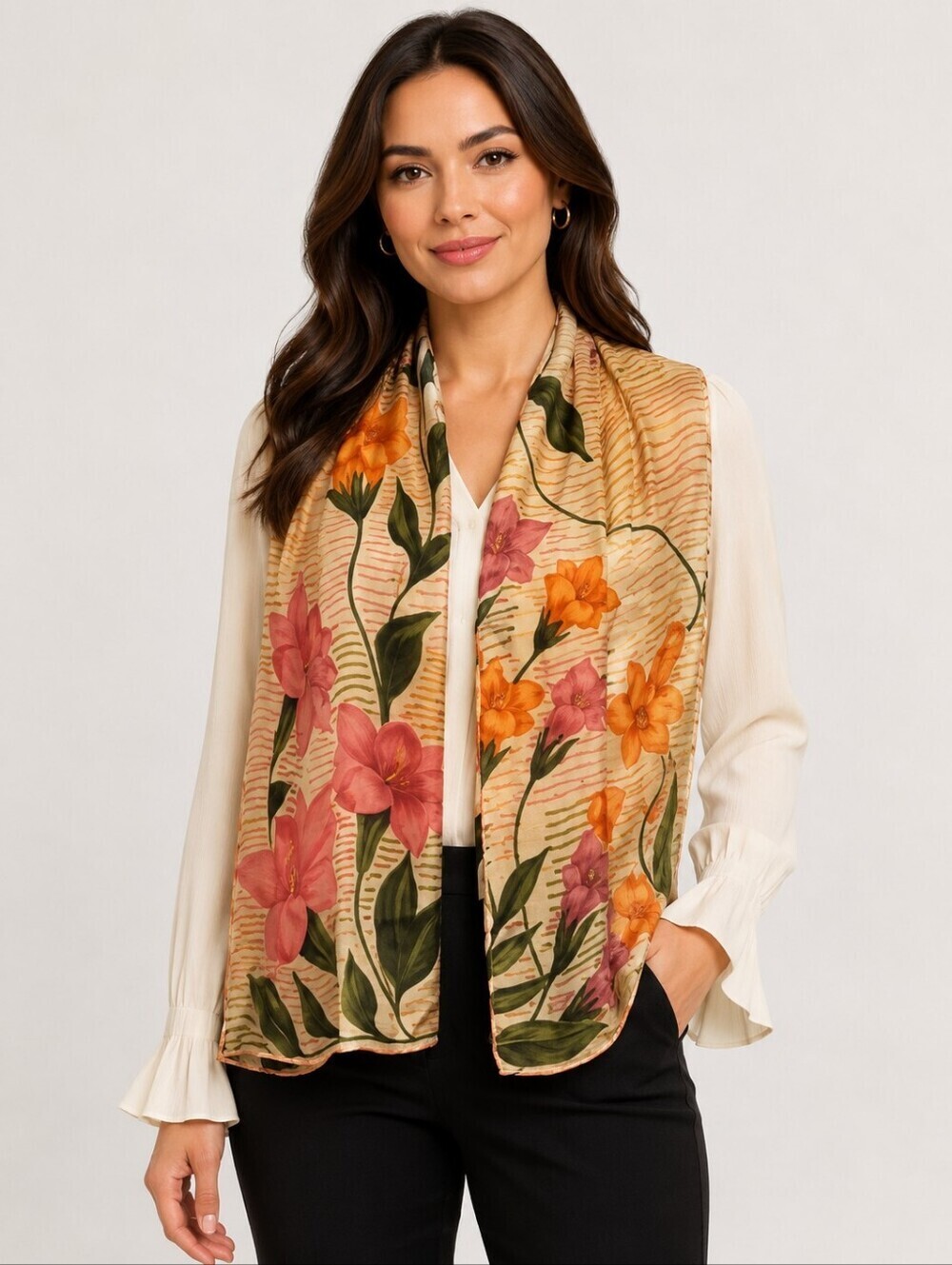 VTG HALSTON 1970s Tropical Floral Striped Rolled Edge Silk Fairycore Scarf
